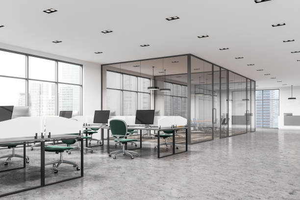 istock Open space office with green chairs, meeting room 923872996