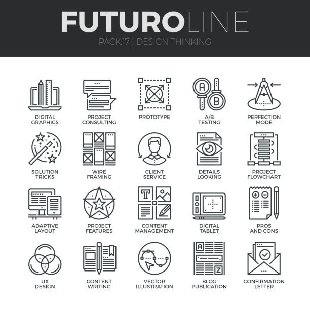 Design Thinking Futuro Line Icons Set Modern thin line icons set of content production studio, solution projecting. Premium quality outline symbol collection. Simple mono linear pictogram pack. Stroke vector symbol concept for web graphics. service drawings stock illustrations