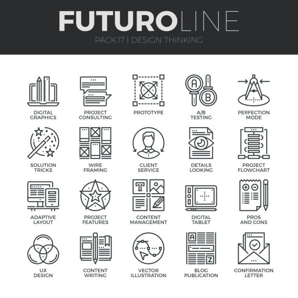Design Thinking Futuro Line Icons Set Modern thin line icons set of content production studio, solution projecting. Premium quality outline symbol collection. Simple mono linear pictogram pack. Stroke vector symbol concept for web graphics. tips tricks stock illustrations