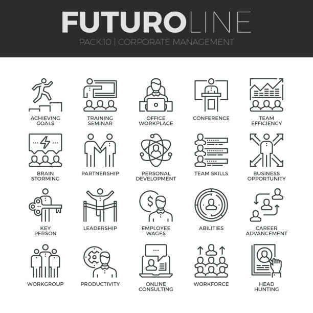 Corporate Management Futuro Line Icons Set Modern thin line icons set of corporate management and business leader training. Premium quality outline symbol collection. Simple mono linear pictogram pack. Stroke vector symbol concept for web graphics. anticipation illustrations stock illustrations