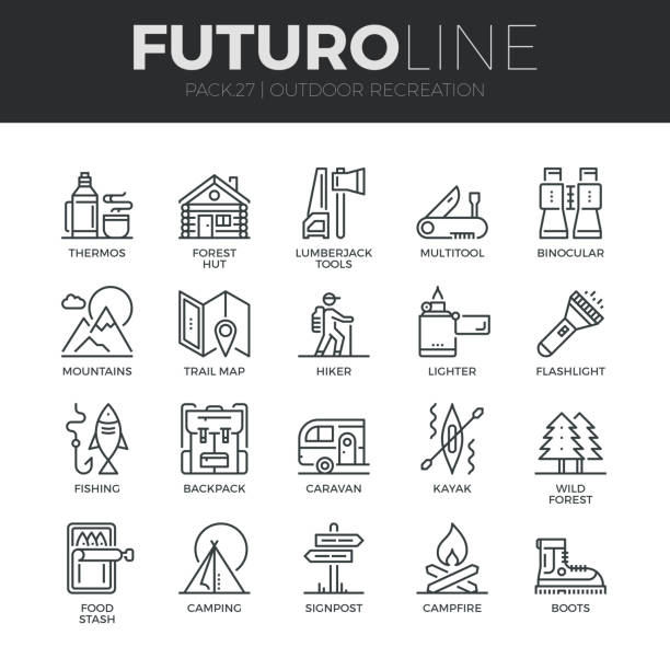 Outdoor Recreation Futuro Line Icons Set Modern thin line icons set of  outdoor recreation activity and hiking tourism. Premium quality outline symbol collection. Simple mono linear pictogram pack. Stroke vector symbol concept for web graphics. hiking icons stock illustrations