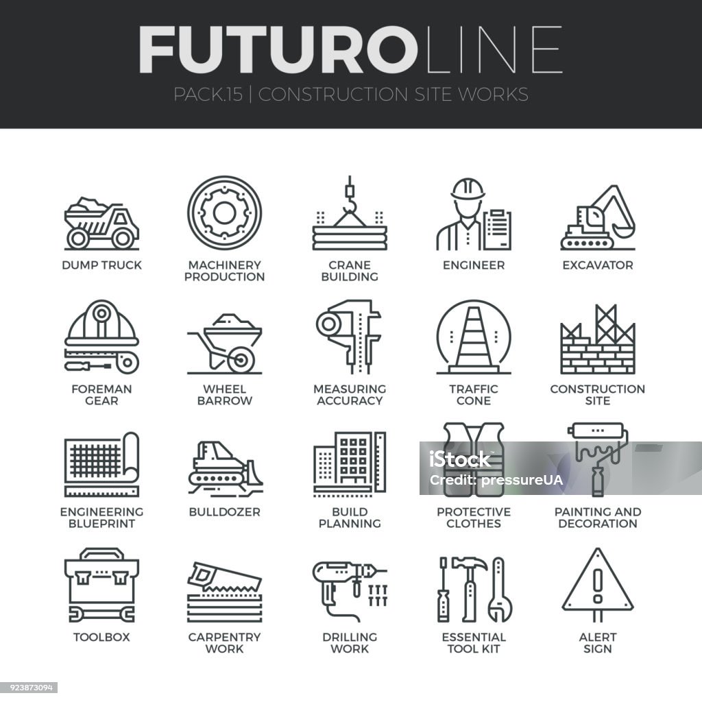 Construction Works Futuro Line Icons Set Modern thin line icons set of construction works on site and building tools. Premium quality outline symbol collection. Simple mono linear pictogram pack. Stroke vector symbol concept for web graphics. Icon Symbol stock vector