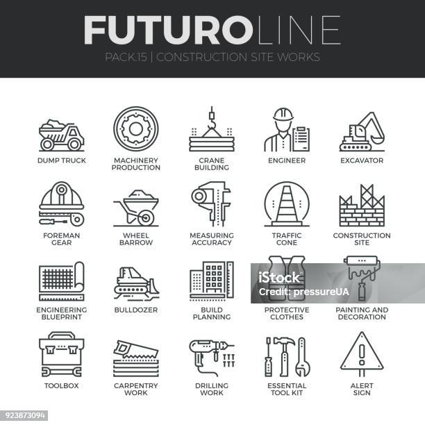 Construction Works Futuro Line Icons Set Stock Illustration - Download Image Now - Icon Symbol, Construction Site, Construction Industry