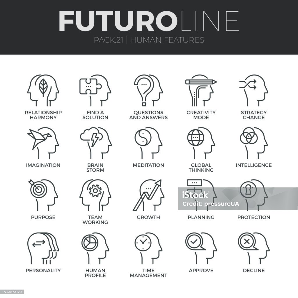 Human Features Futuro Line Icons Set Modern thin line icons set of human mind features, characters profile identity. Premium quality outline symbol collection. Simple mono linear pictogram pack. Stroke vector symbol concept for web graphics. Icon Symbol stock vector