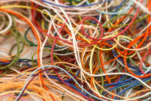 Multicolored Tangled Colorful Needlecraft Silk Thread Rope Macro Shot Multicolored Tangled Colorful Needlecraft Silk Thread Rope Macro Shot