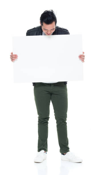 istock Casual clothes Korean man holding white sign 923878936