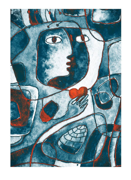 A red heart in hands, a face and lines. Cubistic painting. A red heart in hands, a face and lines. Cubistic painting. cubist style stock illustrations