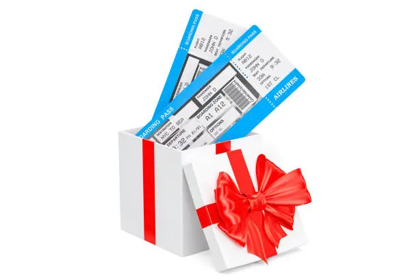 Photo of Air Tickets inside gift box. 3D rendering isolated on white background