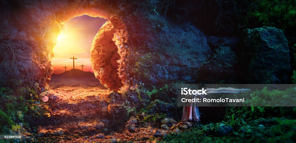 Empty Tomb - Resurrection Of Jesus Christ Empty tomb At Sunrise With Shroud Easter Stock Photo