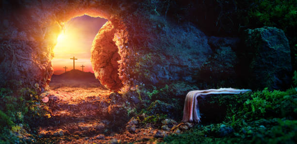 Empty Tomb - Resurrection Of Jesus Christ Empty tomb At Sunrise With Shroud cross shape cross religion christianity stock pictures, royalty-free photos & images