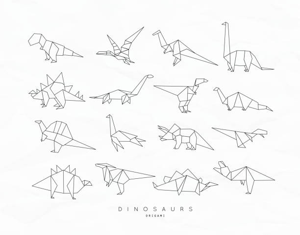 dinosaurus origami set flach - carnivore stock-grafiken, -clipart, -cartoons und -symbole