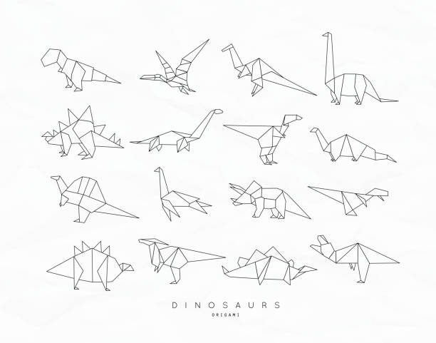 stockillustraties, clipart, cartoons en iconen met dinosaurus origami platte instellen - theropod