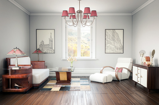 Digitally generated stylish home interior, with high quality art deco furniture.