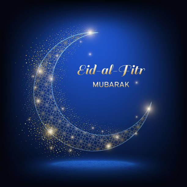 Muslim community festival card. The golden shine ornamental moon with shadow and the inscription Eid-Al-Adha Mubarak on a dark blue background. Muslim community festival vector illustration moon dust stock illustrations