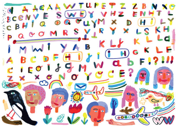 ilustrações de stock, clip art, desenhos animados e ícones de hand drawn alphabet letters and doodle - letter a letter r letter w letter q