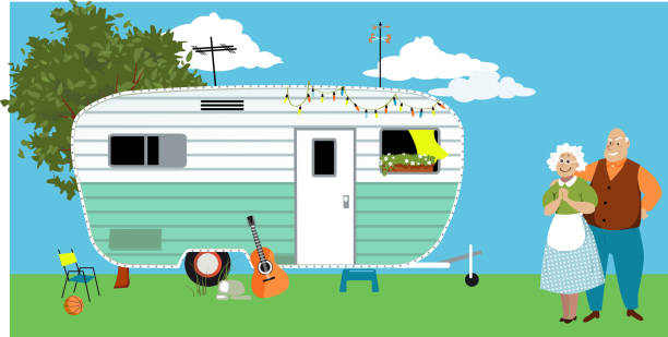 New home Senior couple standing in front of a camper trailer or motor home, EPS 8 vector illustration trailer home stock illustrations