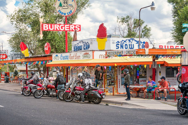 Bikers rest at a burger joint on Historic Route 66 in Seligman Arizona USA