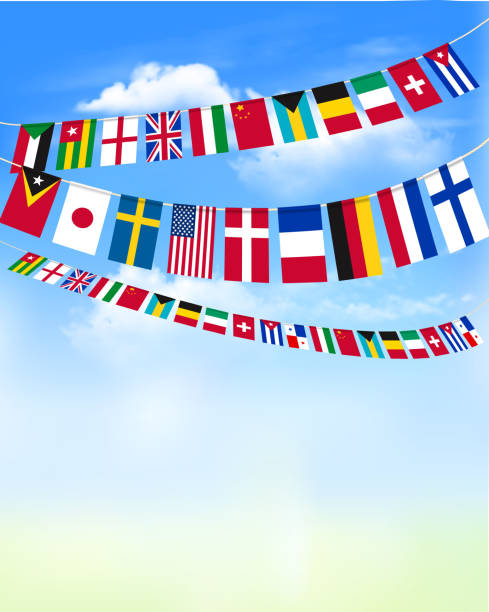 welt bunting flags auf blauer himmel.  vektor-illustration - all european flags stock-grafiken, -clipart, -cartoons und -symbole