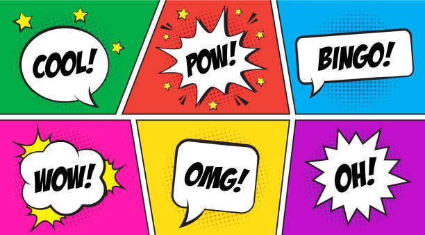 ilustrações, clipart, desenhos animados e ícones de balões de fala em quadrinhos retrô em fundo colorido. texto da expressão legal, pow, bingo, wow omg, oh. - bang