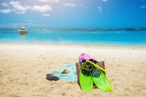 istock Summertime. Beach view. Diving mask and paddles lelft on sand 923923420
