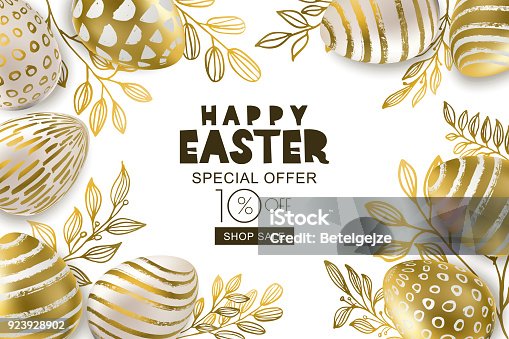 istock Happy Easter sale banner. Vector golden 3d eggs and gold leves. Design for holiday flyer, poster, party invitation. 923928902