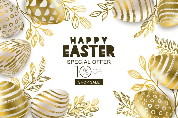 Vector illustration of Happy Easter sale banner. Vector golden 3d eggs and gold leves. Design for holiday flyer, poster, party invitation.