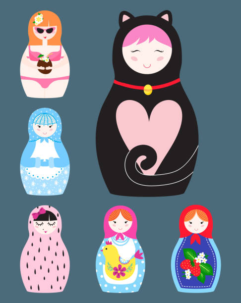 illustrations, cliparts, dessins animés et icônes de matryoshka vecteur russe nidification poupée jouet traditionnel jacquard figure d’ornement à la main avec illustration de souvenir la femme enfant visage et baboushka - figurine russian nesting doll russia russian culture