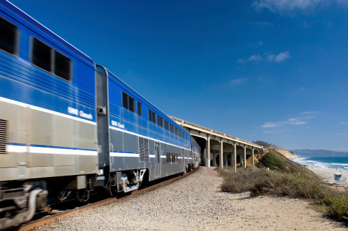 Simi Valley, California, USA - March 10, 2024: Amtrak Coast Starlight Train from Los Angeles to Seattle.