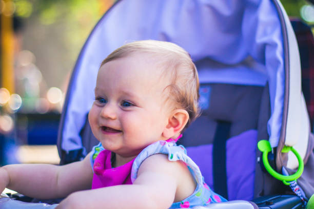 istock Beautiful little baby girl in stroller. 923961764