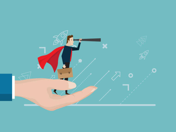 istock illustration of businessman standing on helping hand and use telescope, business vision concept 923965498