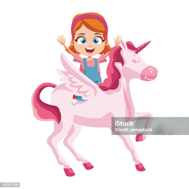 Cute Girl On Unicorn Cartoon Stock Illustration - Download Image Now - Riding, Unicorn, Cartoon