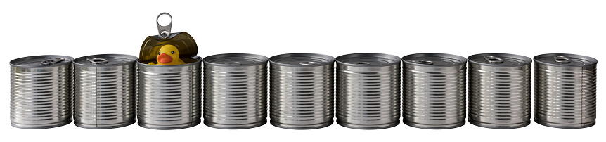 Yellow rubber duck slowly emerging from a can in a row of closed tin cans. Concept image relating to escape, fear, timid, unsure, getting away from it all, standing out from the crowd, Isolated on white, clipping path included.