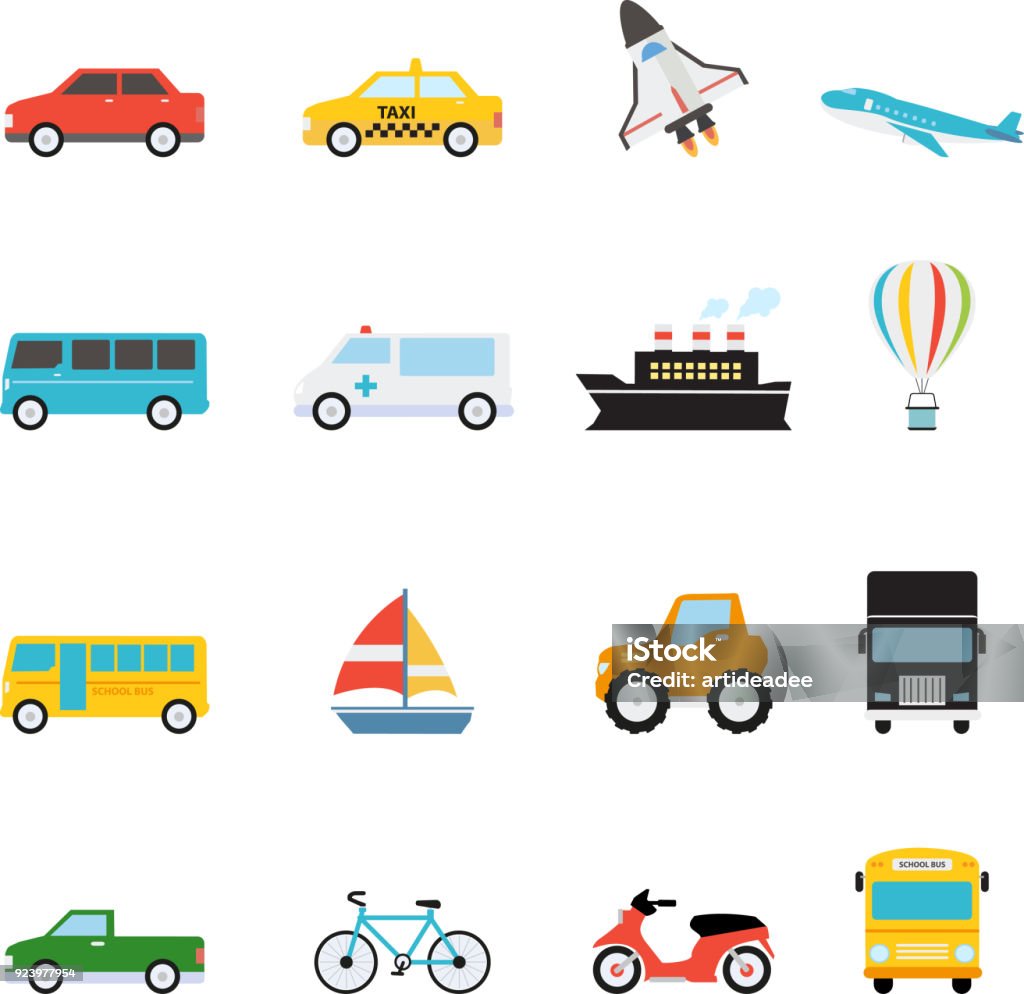 Vehículo y transporte icono conjunto ilustración vectorial - arte vectorial de Coche libre de derechos