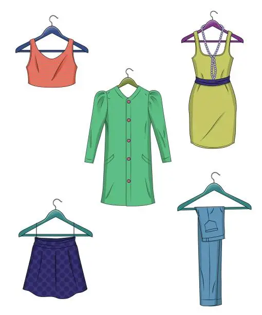 Vector illustration of Clothes on hangers. Women clothes in flat style vector illustration.