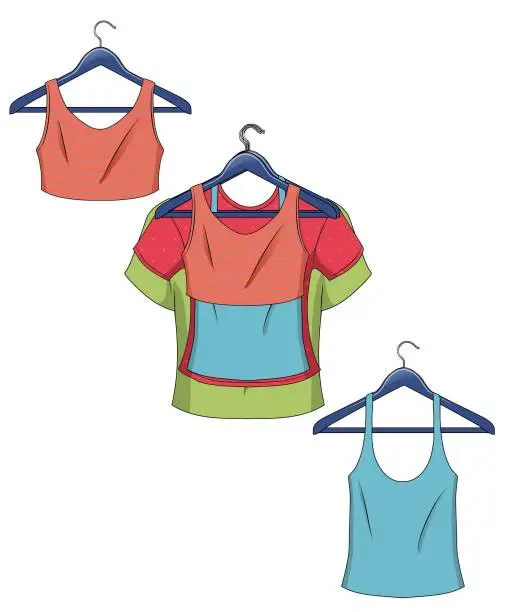 Vector illustration of Clothes on hangers. Women clothes in flat style vector illustration.