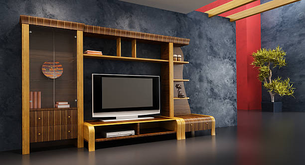istock lounge room interior with bookshelf and TV 92400100