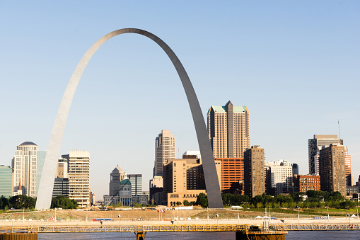 The Mississippi River waterfront and the Gateway Arch in St Louis Missouri