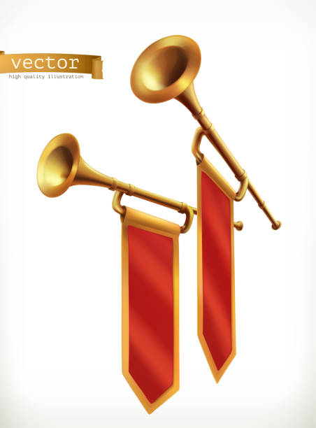 ilustraciones, imágenes clip art, dibujos animados e iconos de stock de fanfarria. trompeta de oro. 3d icono vector - bugle