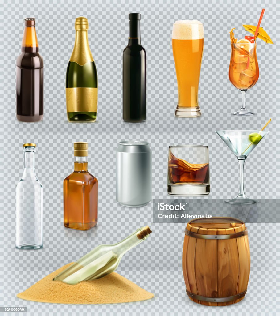 Bottles and glasses alcohol drink. 3d vector icons set Bottle stock vector