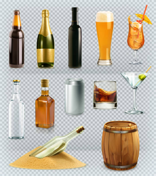 Bottles and glasses alcohol drink. 3d vector icons set Bottles and glasses alcohol drink. 3d vector icons set beer alcohol stock illustrations