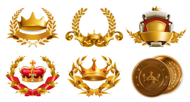ilustrações, clipart, desenhos animados e ícones de coroa coroa e laurel de ouro. logotipo de vetor 3d - crown gold coat of arms king