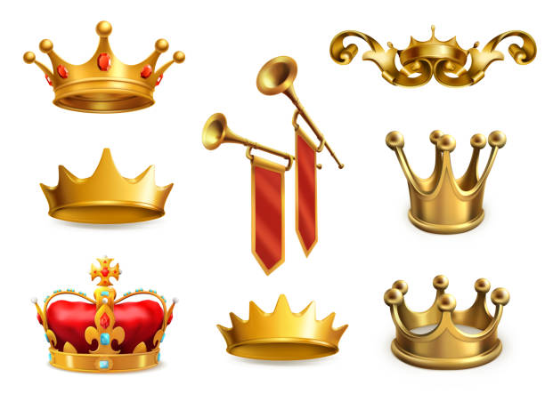 ilustrações, clipart, desenhos animados e ícones de coroa de ouro do rei. 3d icon set vector - crown gold coat of arms king