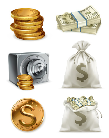 Paper money and gold coin, moneybag. 3d vector icon set