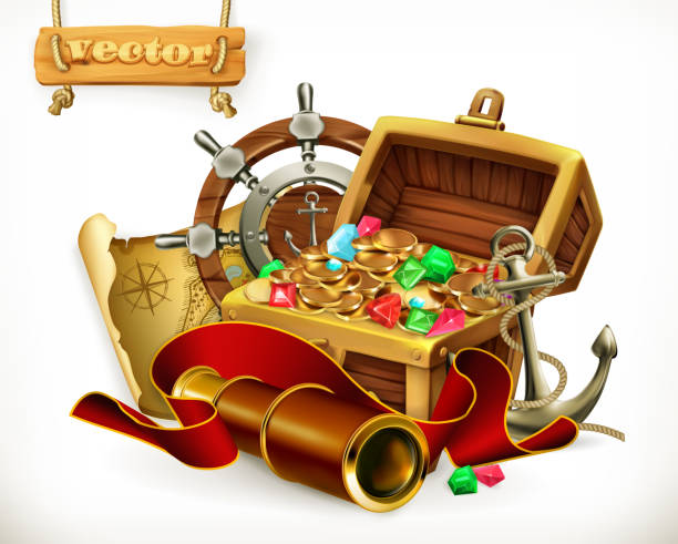 stockillustraties, clipart, cartoons en iconen met schat van de piraat. 3d-vectorillustratie avontuur - antiquities