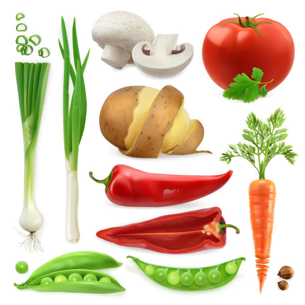 realistische gemüse. kartoffeln, tomaten, frühlingszwiebeln, paprika, karotten und erbsen pod. isolierte 3d vektor icon-set - spice symbol green chili pepper stock-grafiken, -clipart, -cartoons und -symbole