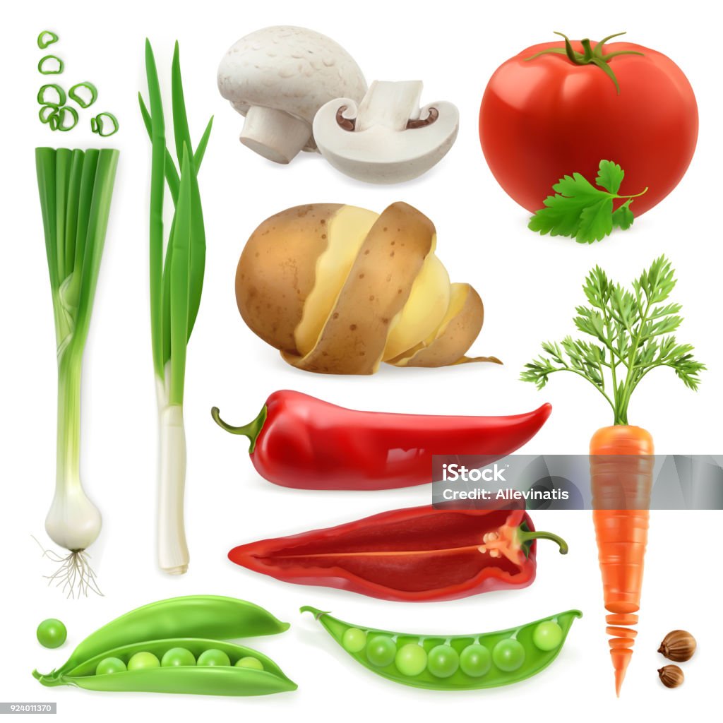 Realistic vegetables. Potato, tomato, green onions, peppers, carrot and pea pod. Isolated 3d vector icon set Vegetable stock vector