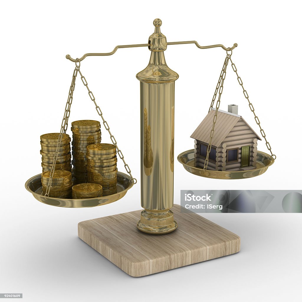 house and cashes on weights. Isolated 3D image  Accuracy Stock Photo