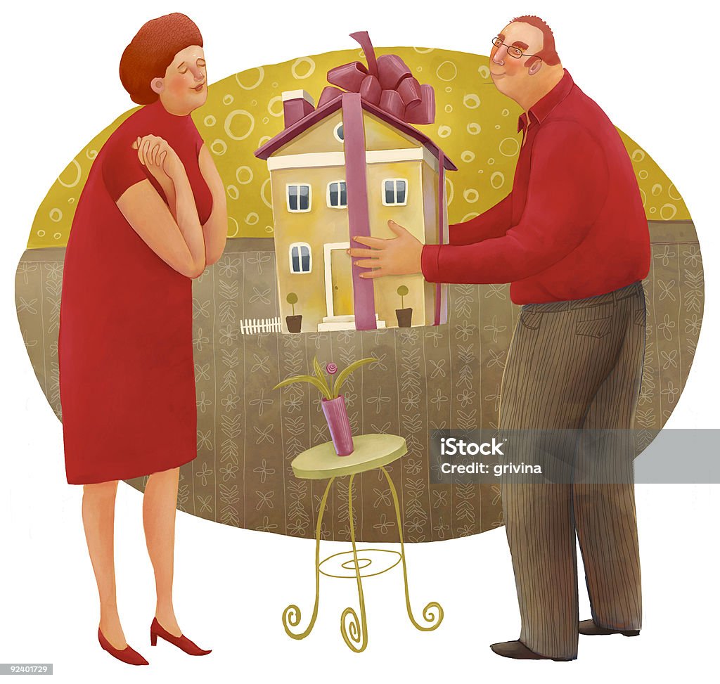 Man donating his home to charity while woman looks on Square illustration of husband giving the house to his wife Will - Legal Document stock illustration