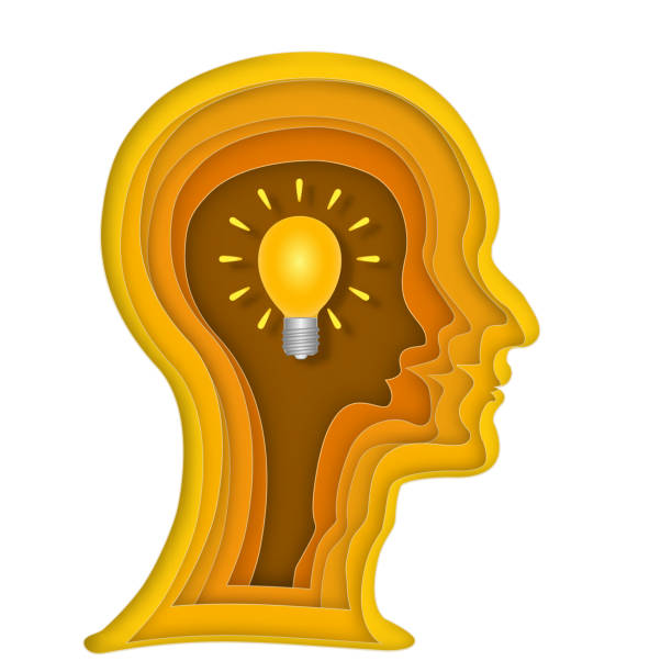 istock Abstract origami layer of human head and light bulb brain on orange background as business, science,intelligence idea, paper carve art and craft style concept. vector illustration. 924019588
