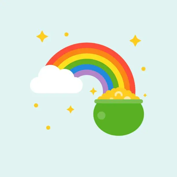 Vector illustration of pot of gold at end of rainbow , st patrick's day flat design icon